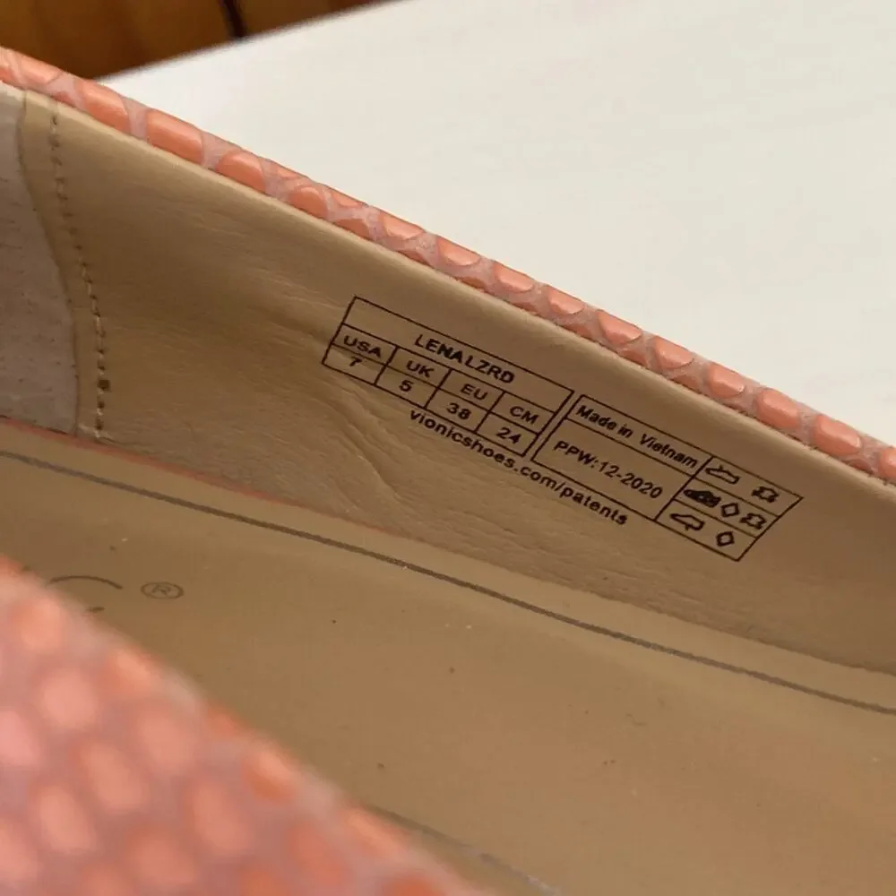 Vionic Peachy Pink Embossed Leather Lena Flats, Size 7